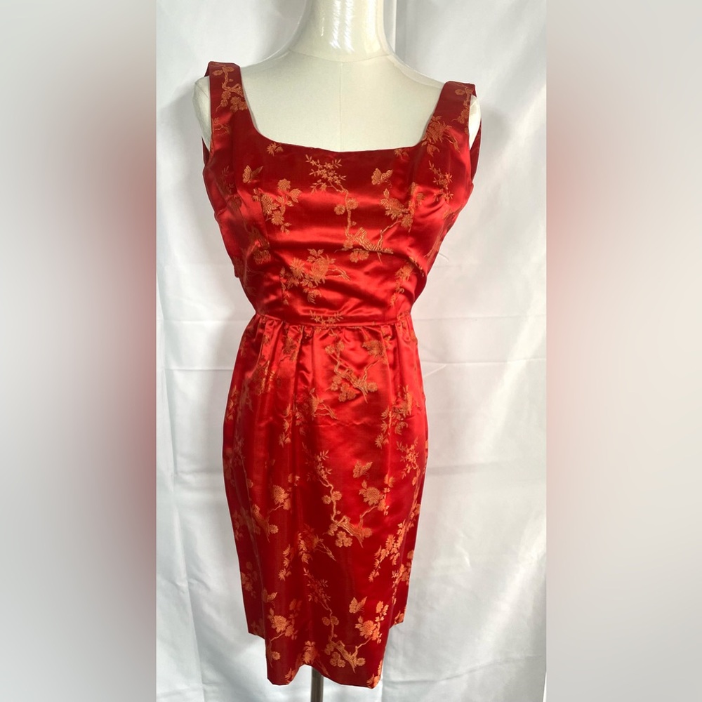 Red & Gold Chinese brocade silky 2-piece pencil dress & cropped jacket size XS - Picture 2 of 16